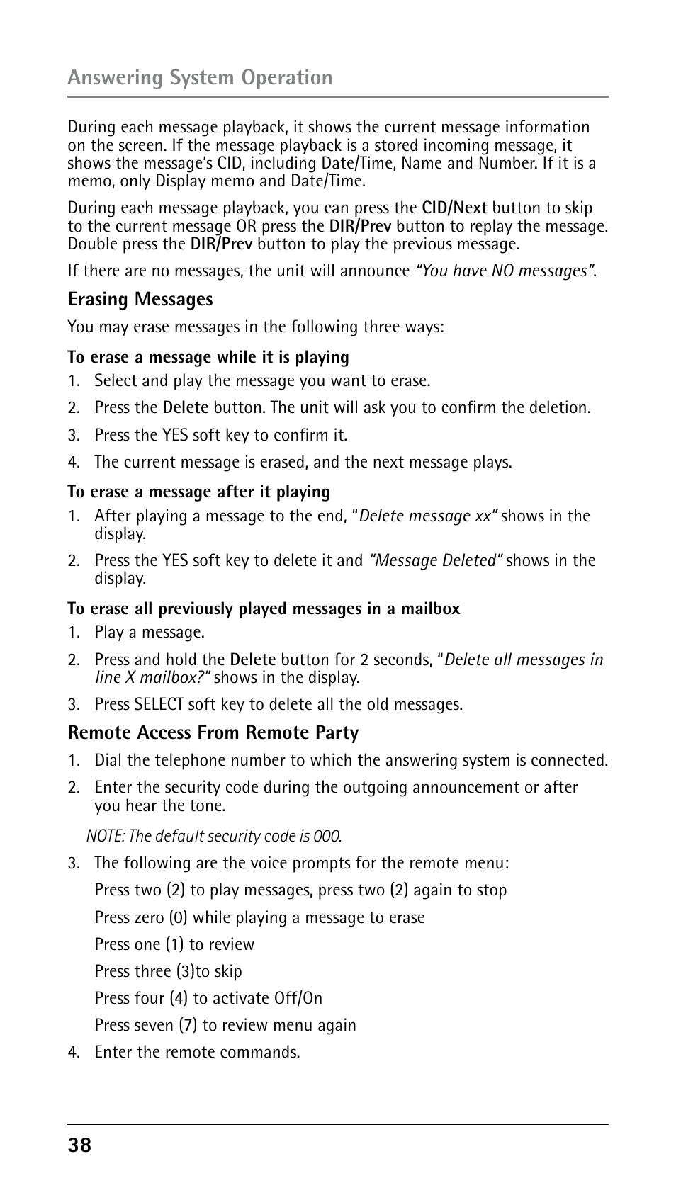 Answering system operation | RCA 25250 User Manual | Page 38 / 100