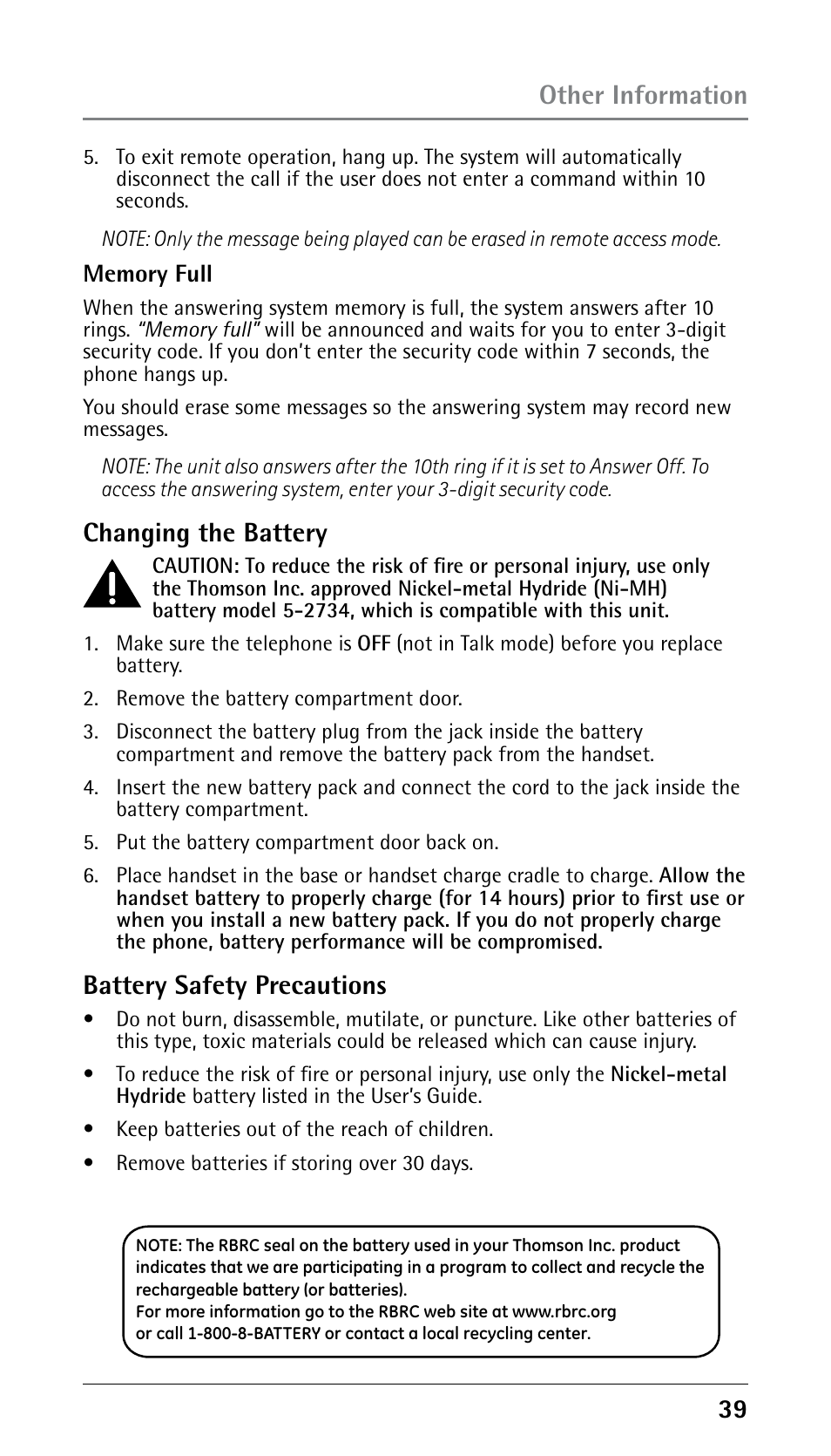 Changing the battery, Battery safety precautions, Other information | RCA 25250 User Manual | Page 39 / 100