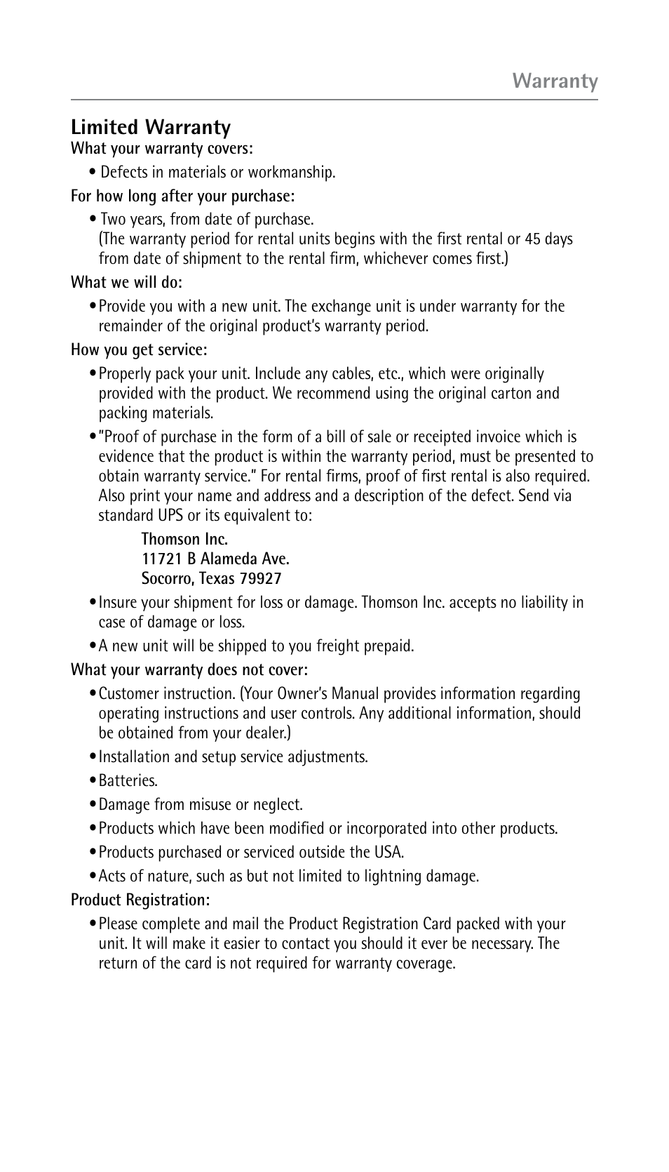 Warranty limited warranty | RCA 25250 User Manual | Page 45 / 100