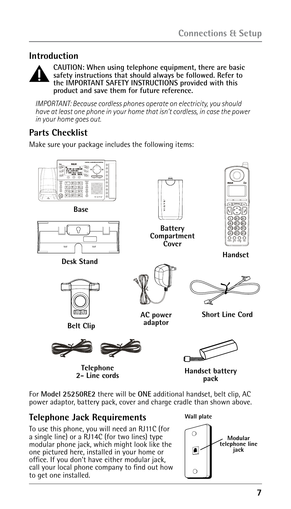 Introduction, Connections & setup parts checklist, Telephone jack requirements | RCA 25250 User Manual | Page 7 / 100