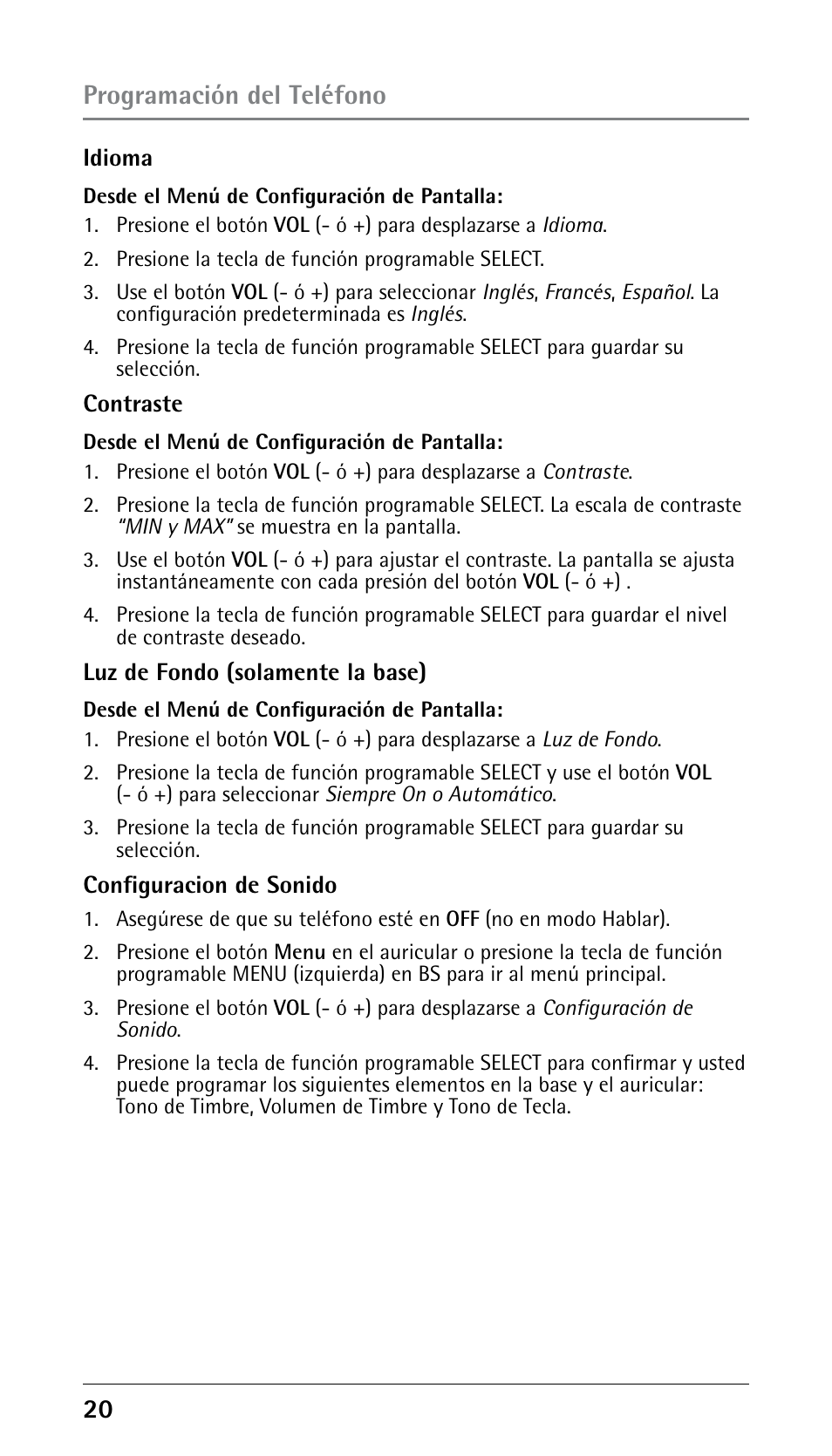 Programación del teléfono | RCA 25250 User Manual | Page 70 / 100