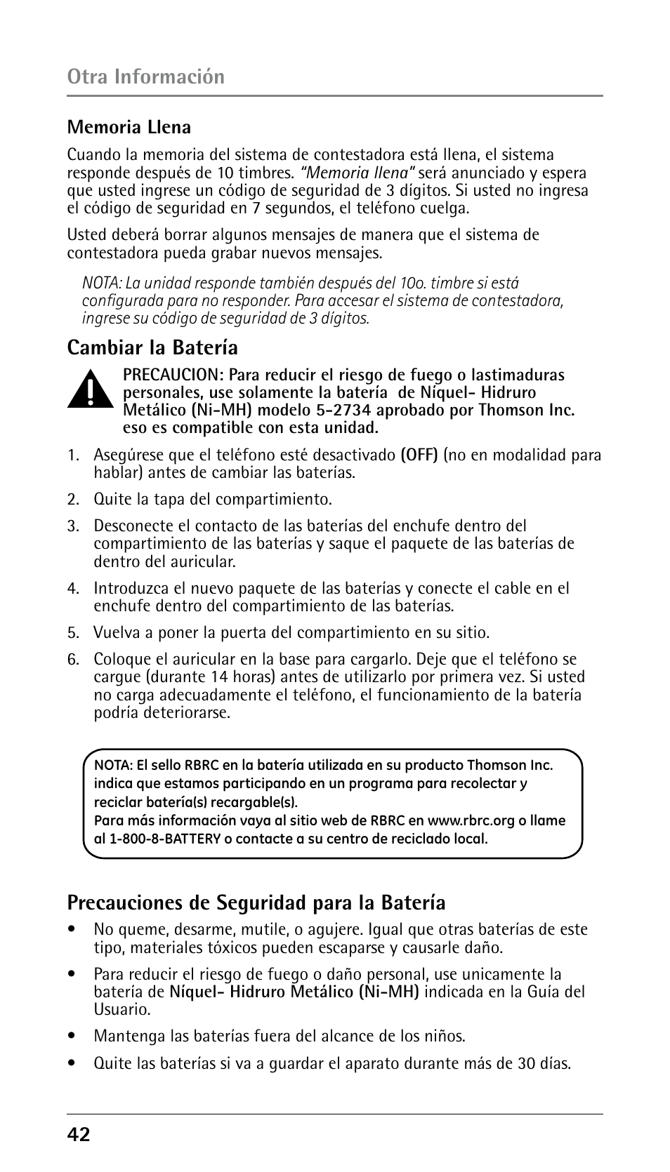 Cambiar la batería, Otra información, Precauciones de seguridad para la batería | RCA 25250 User Manual | Page 92 / 100
