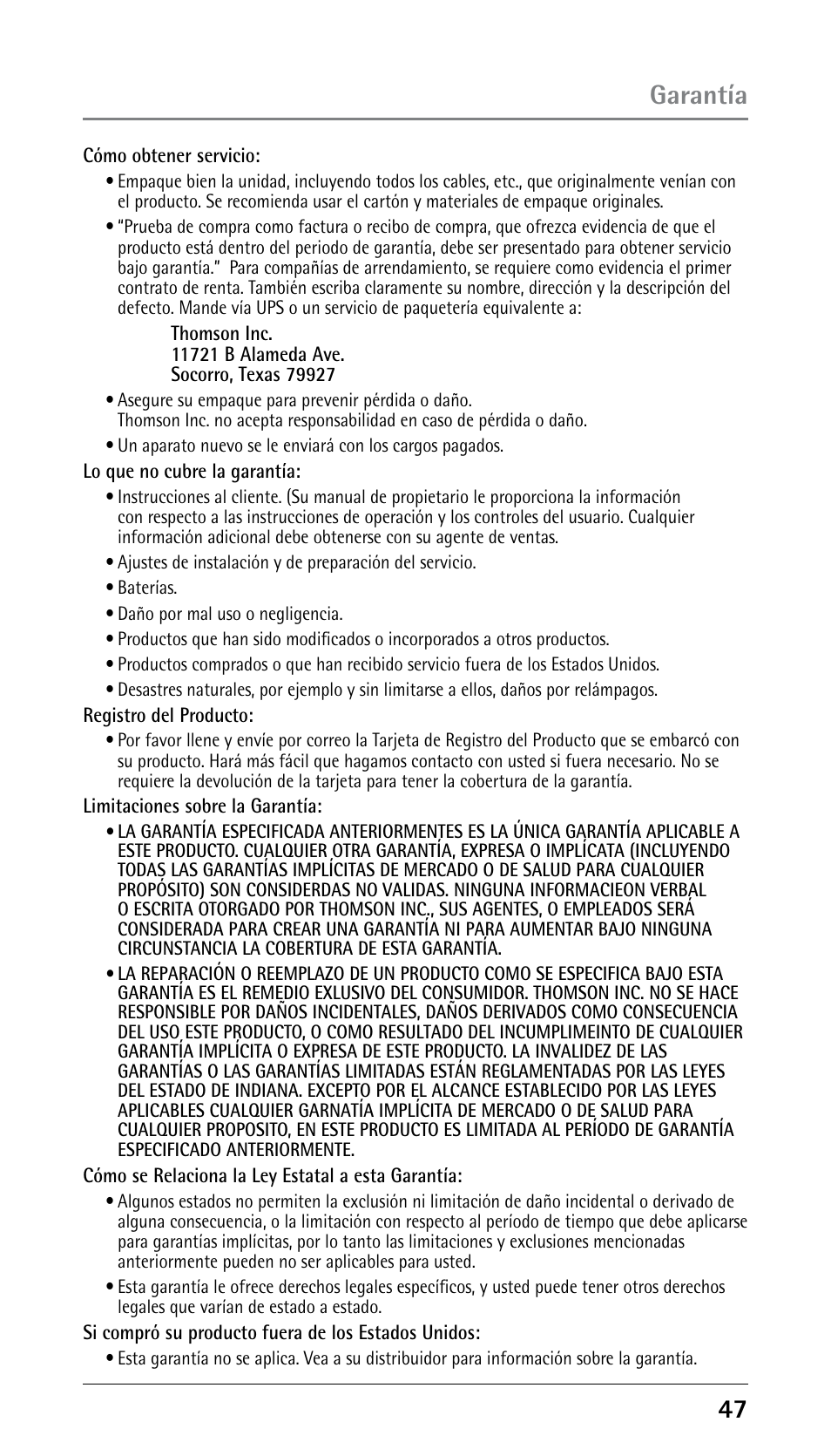 Garantía | RCA 25250 User Manual | Page 97 / 100