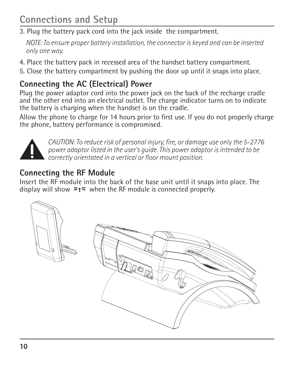 Connections and setup, Connecting the ac (electrical) power, Connecting the rf module | RCA H5401 User Manual | Page 10 / 34