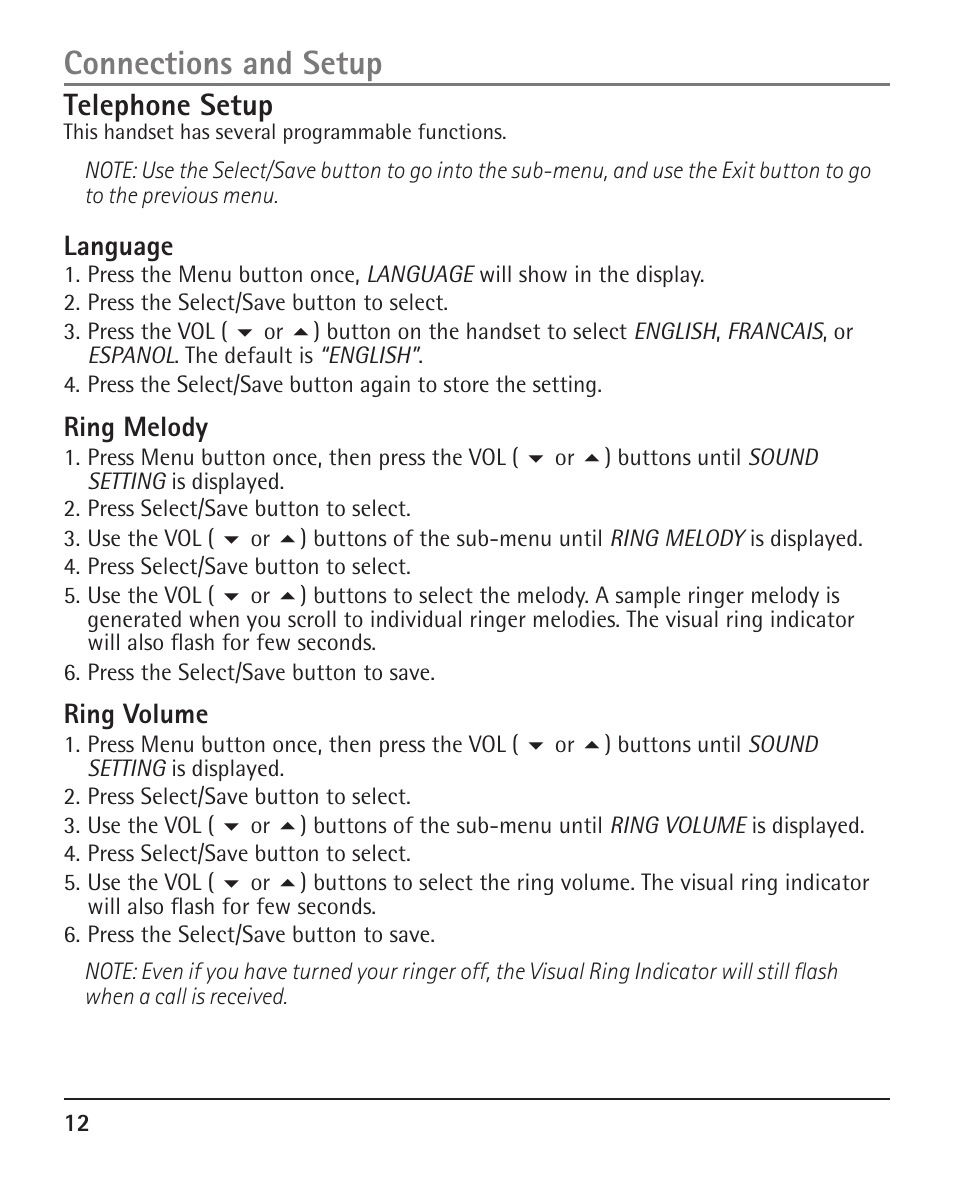 Connections and setup, Telephone setup, Language | Ring melody, Ring volume | RCA H5401 User Manual | Page 12 / 34