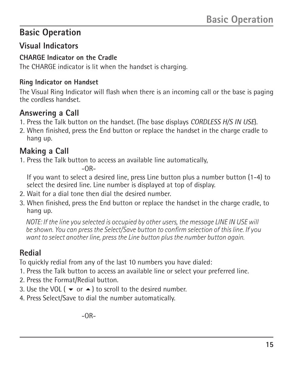 Basic operation, Visual indicators, Answering a call | Making a call, Redial | RCA H5401 User Manual | Page 15 / 34