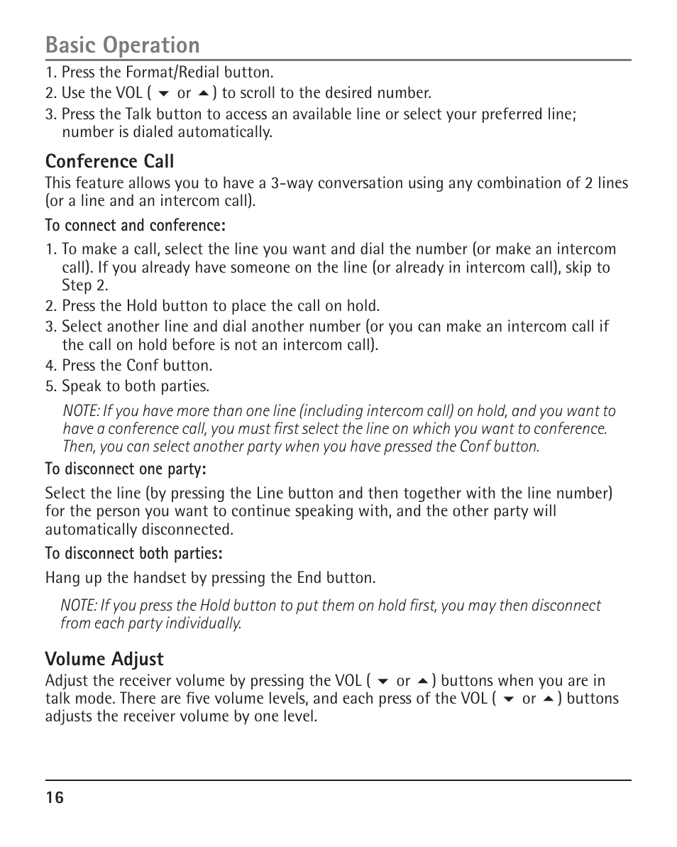 Basic operation, Conference call, Volume adjust | RCA H5401 User Manual | Page 16 / 34