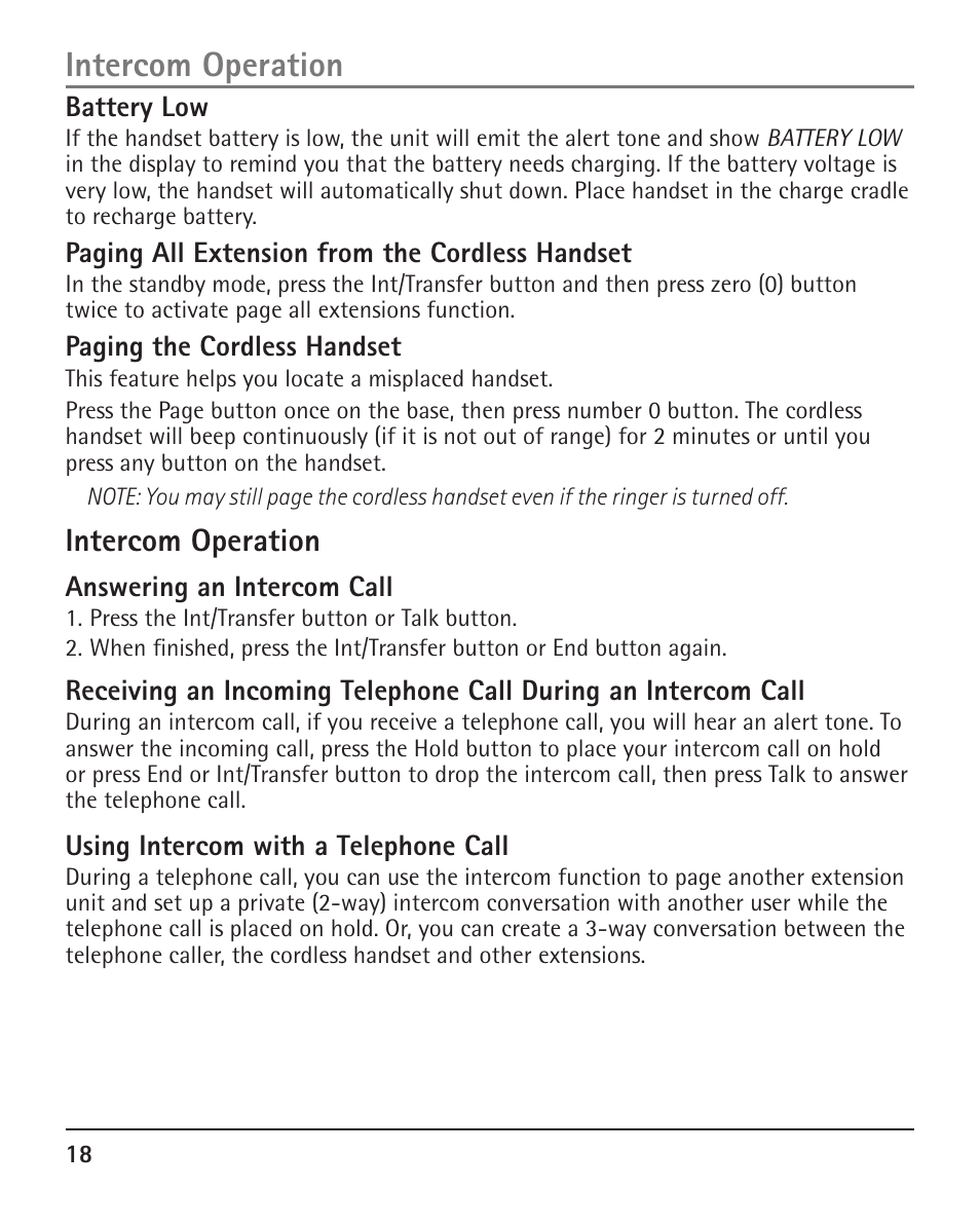 Intercom operation | RCA H5401 User Manual | Page 18 / 34