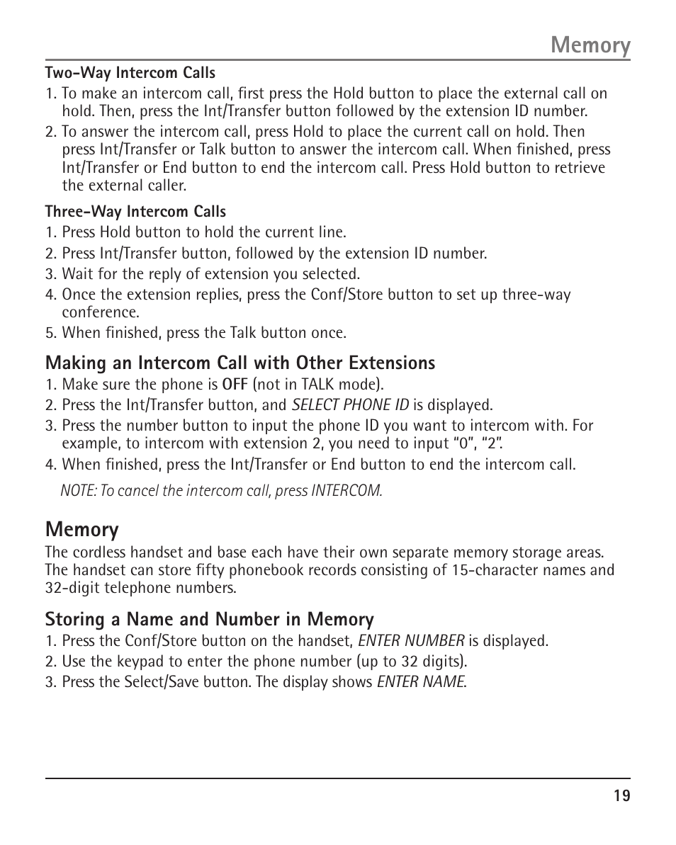 Making an intercom call with other extensions | RCA H5401 User Manual | Page 19 / 34