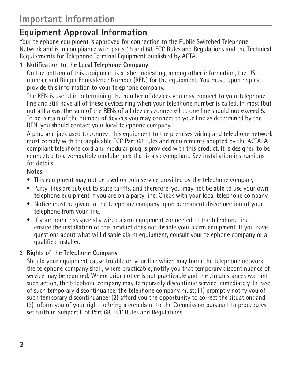 Important information, Equipment approval information | RCA H5401 User Manual | Page 2 / 34