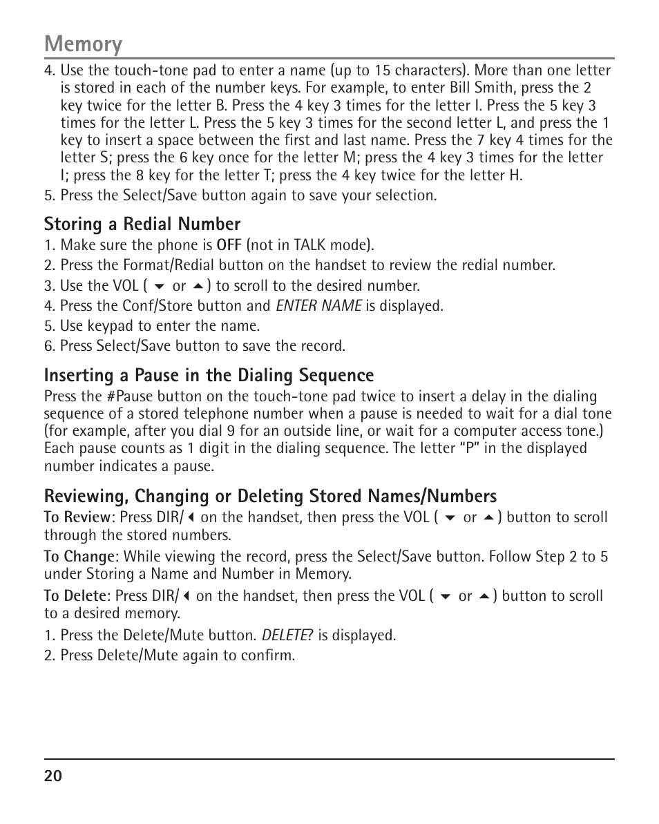 Storing a redial number, Inserting a pause in the dialing sequence | RCA H5401 User Manual | Page 20 / 34