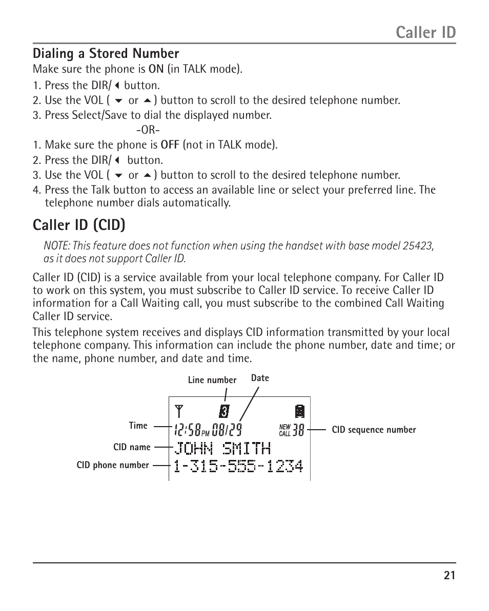 Caller id, Caller id (cid), Dialing a stored number | RCA H5401 User Manual | Page 21 / 34