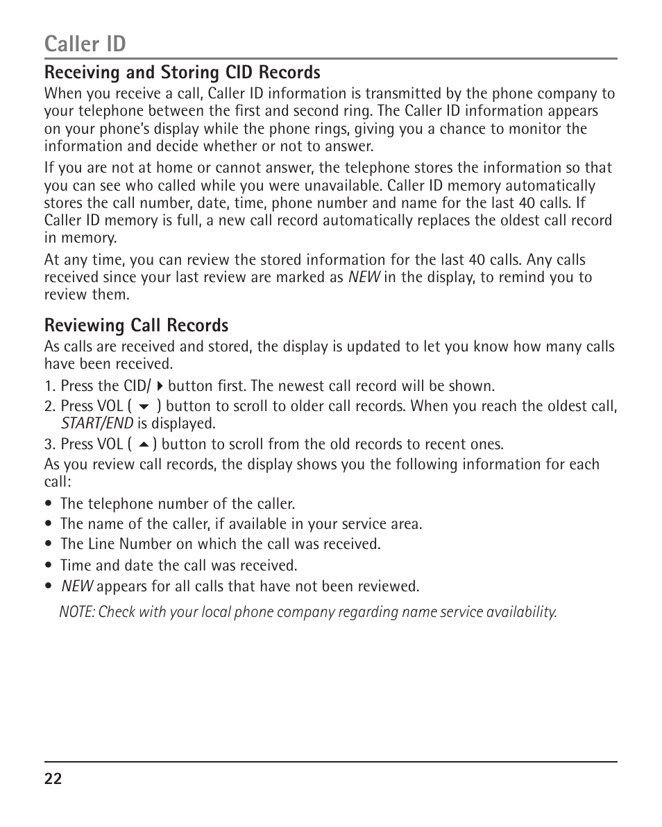 Caller id, Receiving and storing cid records, Reviewing call records | RCA H5401 User Manual | Page 22 / 34