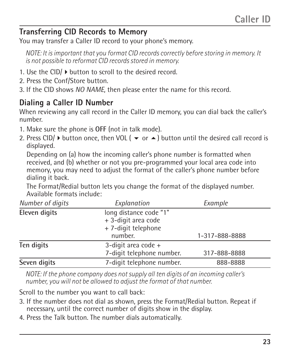 Caller id, Dialing a caller id number | RCA H5401 User Manual | Page 23 / 34
