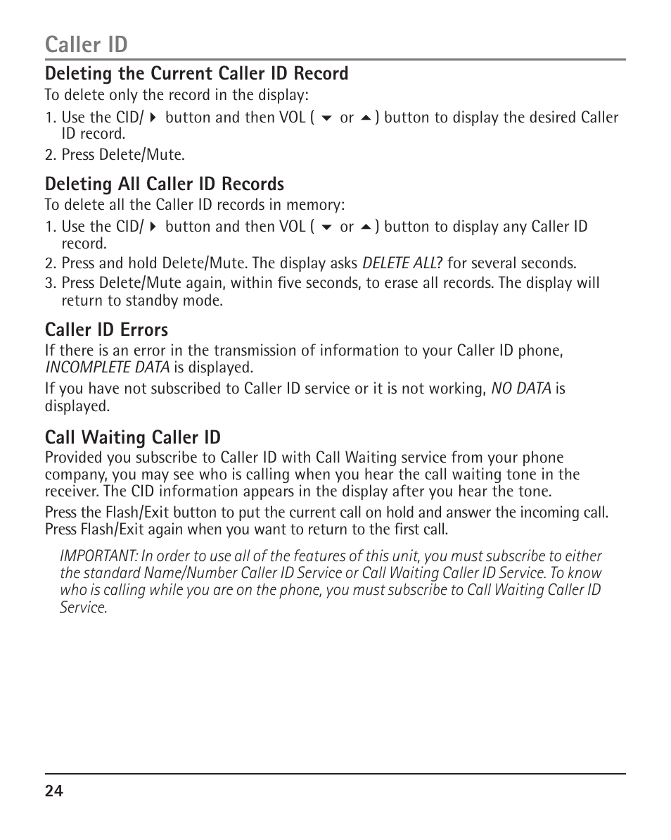 Caller id, Deleting the current caller id record, Deleting all caller id records | Caller id errors, Call waiting caller id | RCA H5401 User Manual | Page 24 / 34