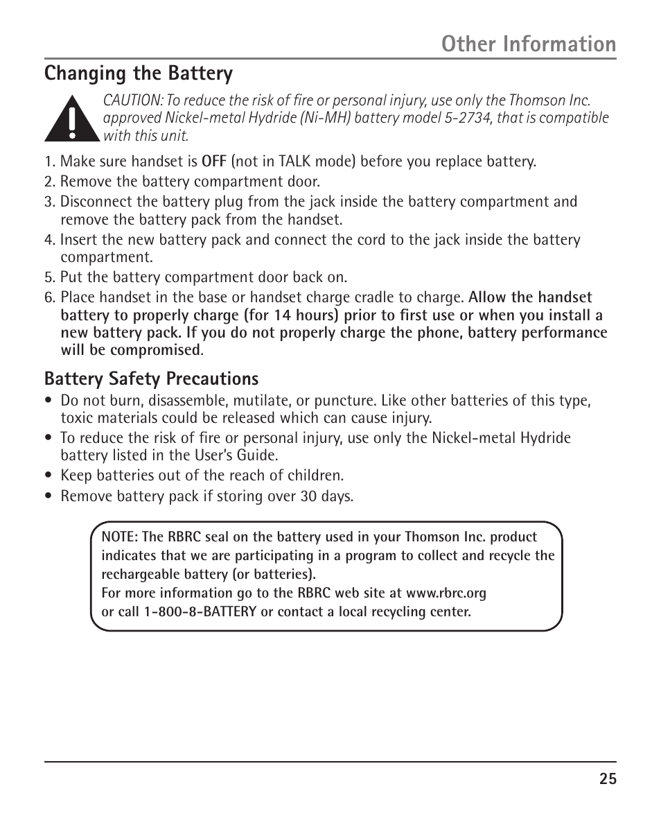 Other information, Changing the battery, Battery safety precautions | RCA H5401 User Manual | Page 25 / 34