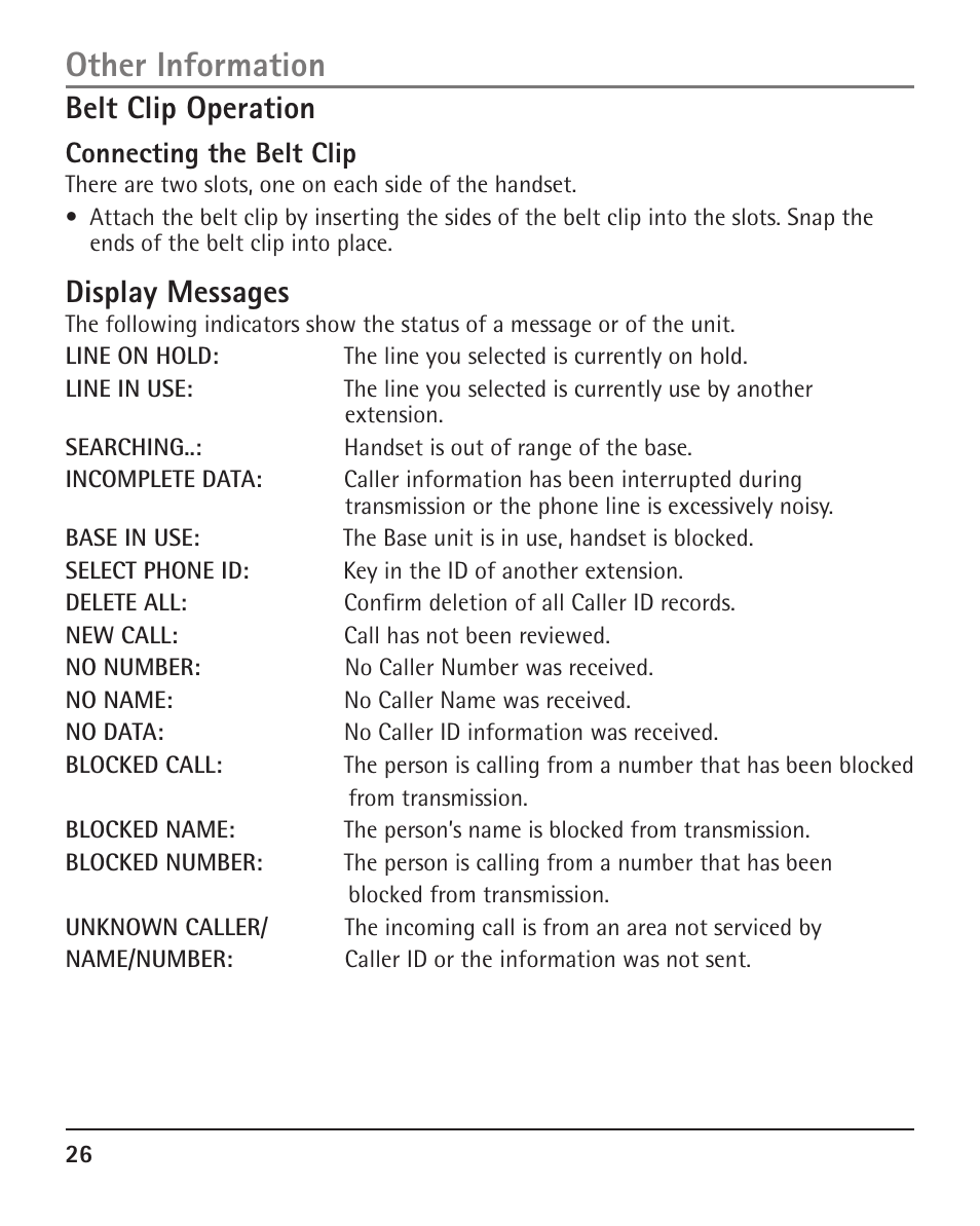 Other information, Belt clip operation, Display messages | Connecting the belt clip | RCA H5401 User Manual | Page 26 / 34