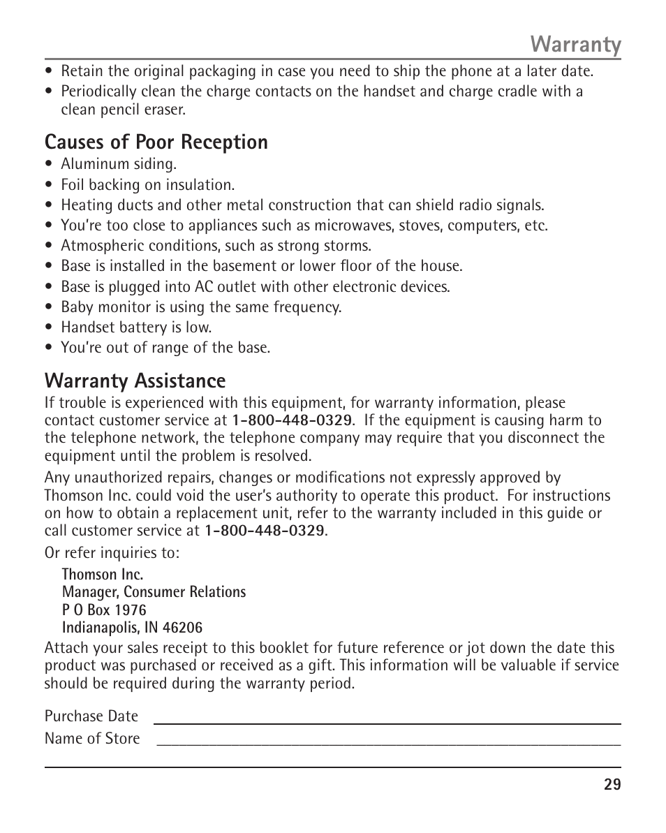 Warranty, Causes of poor reception, Warranty assistance | RCA H5401 User Manual | Page 29 / 34
