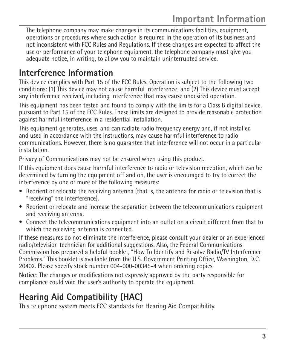 Important information, Interference information, Hearing aid compatibility (hac) | RCA H5401 User Manual | Page 3 / 34