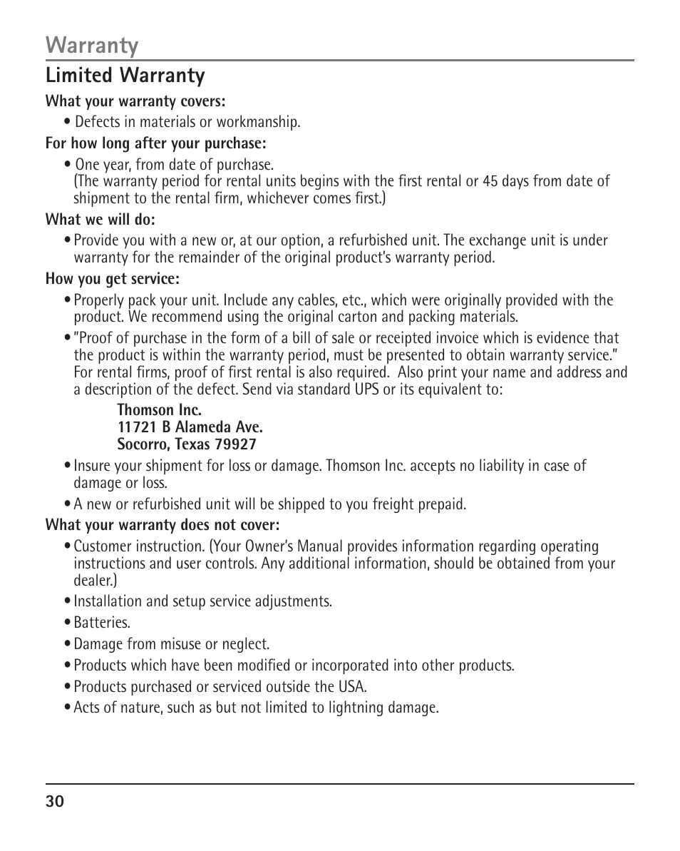 Warranty, Limited warranty | RCA H5401 User Manual | Page 30 / 34
