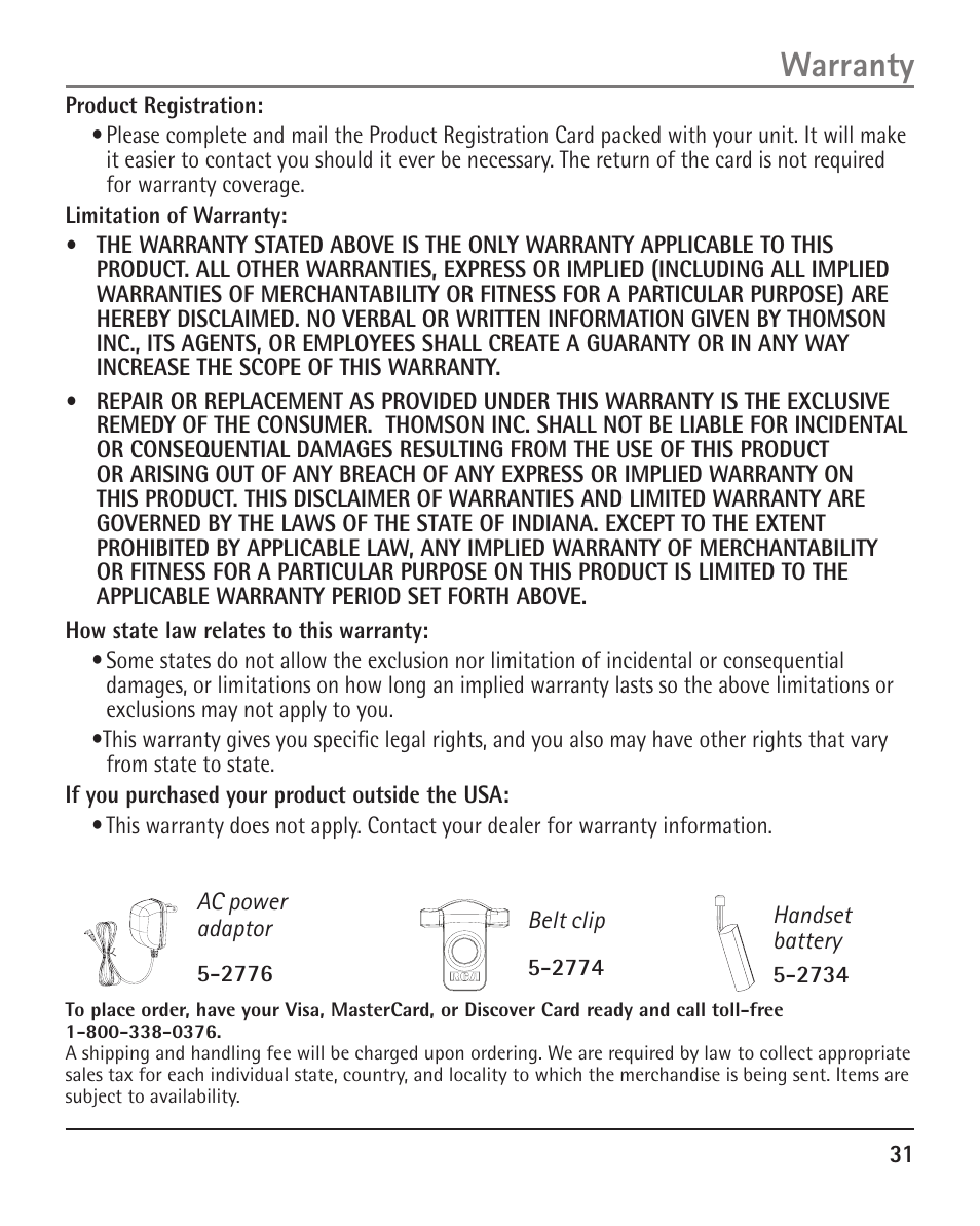 Warranty | RCA H5401 User Manual | Page 31 / 34