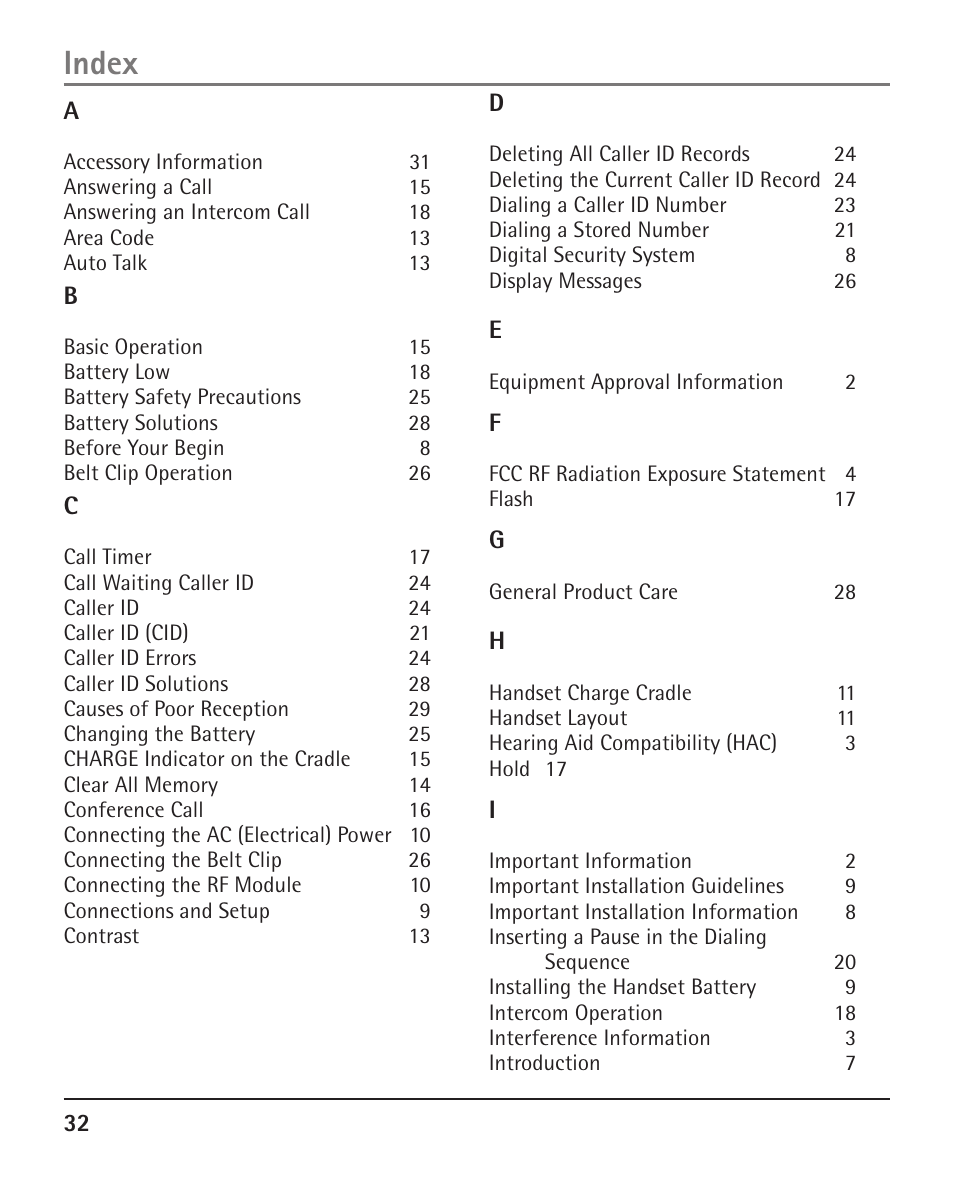 Index | RCA H5401 User Manual | Page 32 / 34