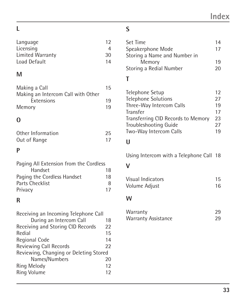 Index | RCA H5401 User Manual | Page 33 / 34