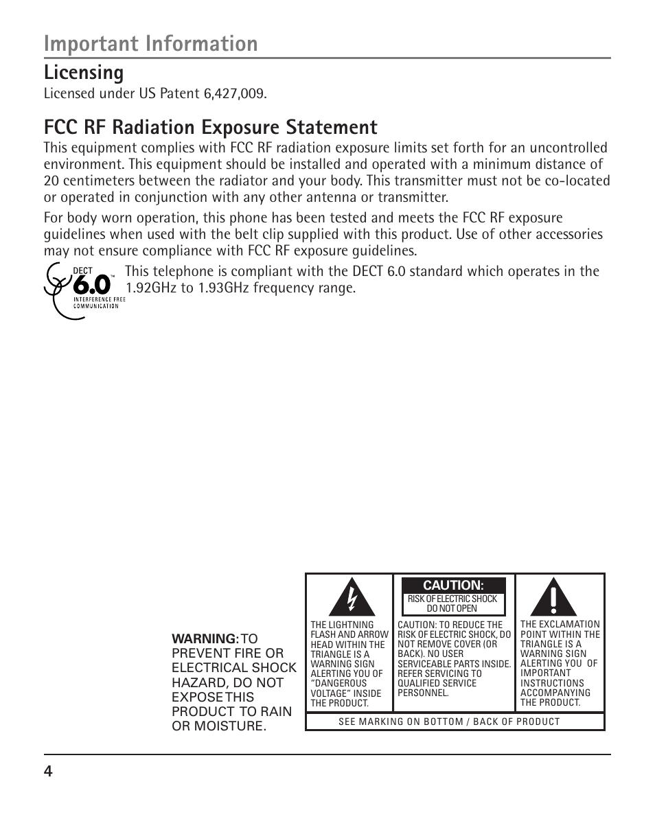 Important information, Licensing, Fcc rf radiation exposure statement | RCA H5401 User Manual | Page 4 / 34