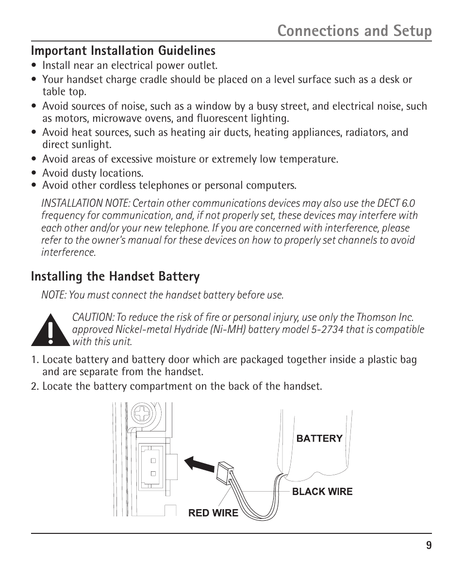 Connections and setup, Important installation guidelines, Installing the handset battery | RCA H5401 User Manual | Page 9 / 34