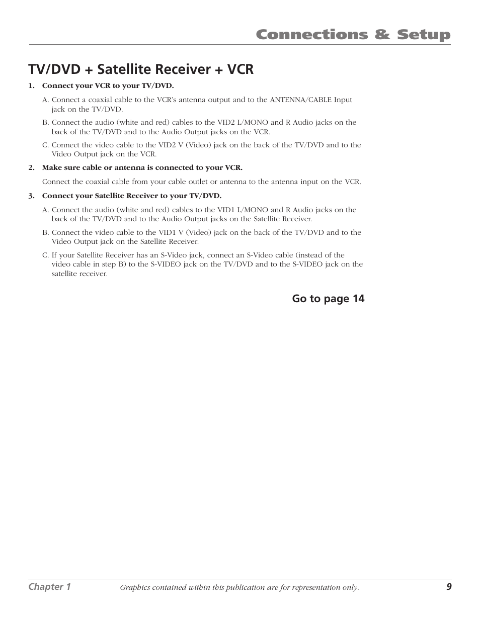 Tv/dvd + satellite receiver + vcr, Connections & setup, Go to page 14 | RCA HDTVMonitor/DVD User Manual | Page 11 / 64