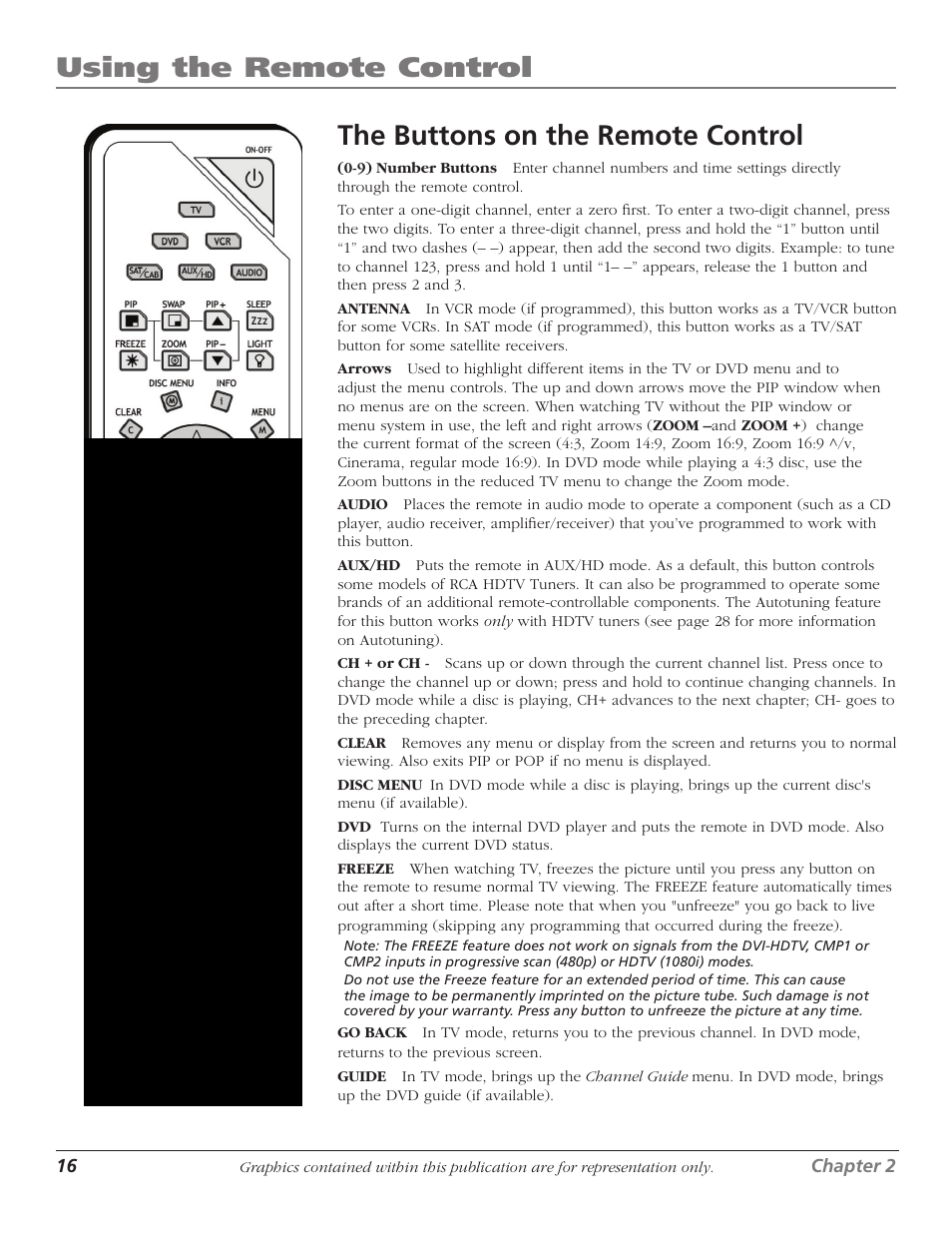 The buttons on the remote control, Using the remote control | RCA HDTVMonitor/DVD User Manual | Page 18 / 64
