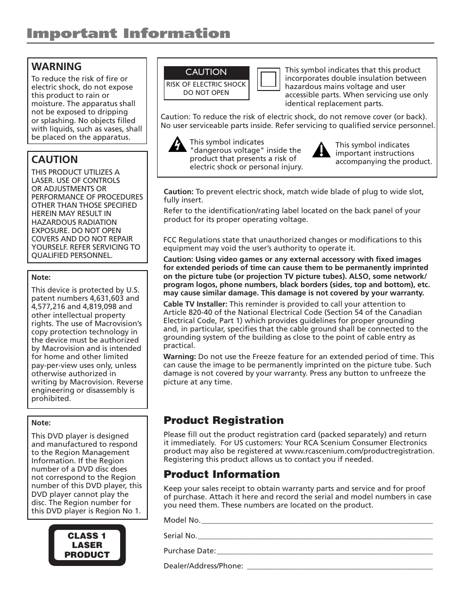 Important information, Product registration, Product information | Warning, Caution | RCA HDTVMonitor/DVD User Manual | Page 2 / 64