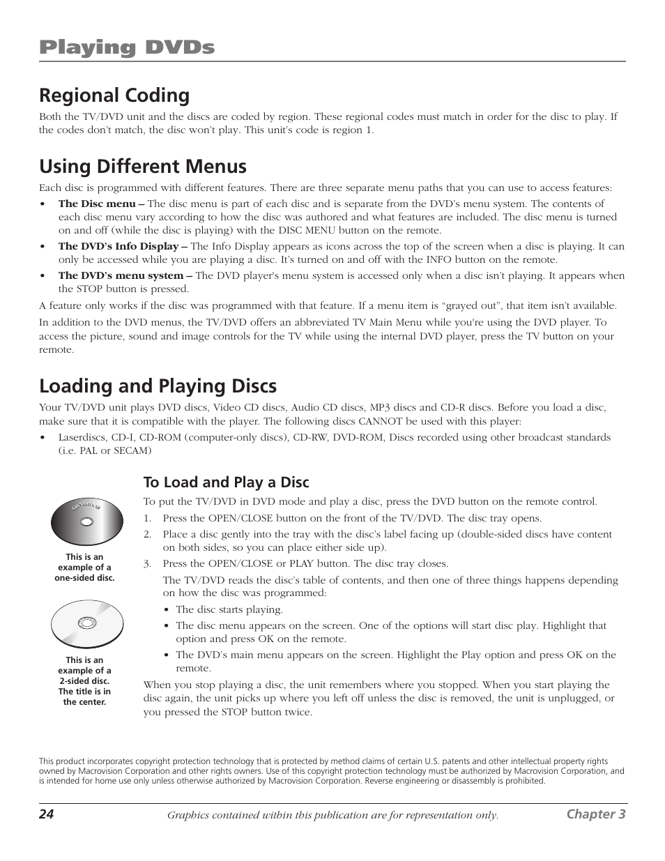 Regional coding, Using different menus, Loading and playing discs | 24 using different menus, 24 loading and playing discs, Playing dvds, Playing dvds regional coding, 24 chapter 3, Chapter 3 25 | RCA HDTVMonitor/DVD User Manual | Page 26 / 64