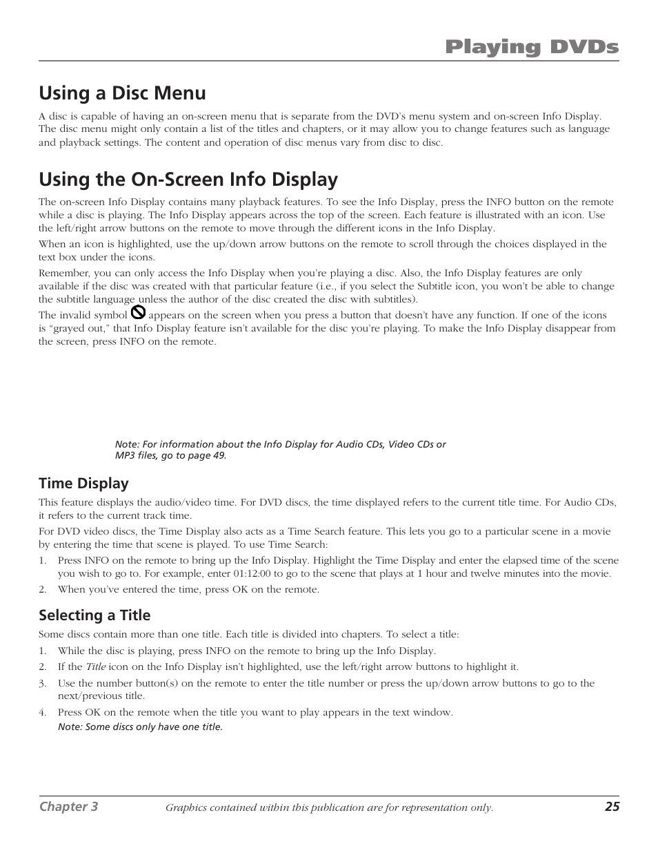 Using a disc menu, Using the on-screen info display, 25 using the on-screen info display | Playing dvds, Playing dvds using a disc menu | RCA HDTVMonitor/DVD User Manual | Page 27 / 64