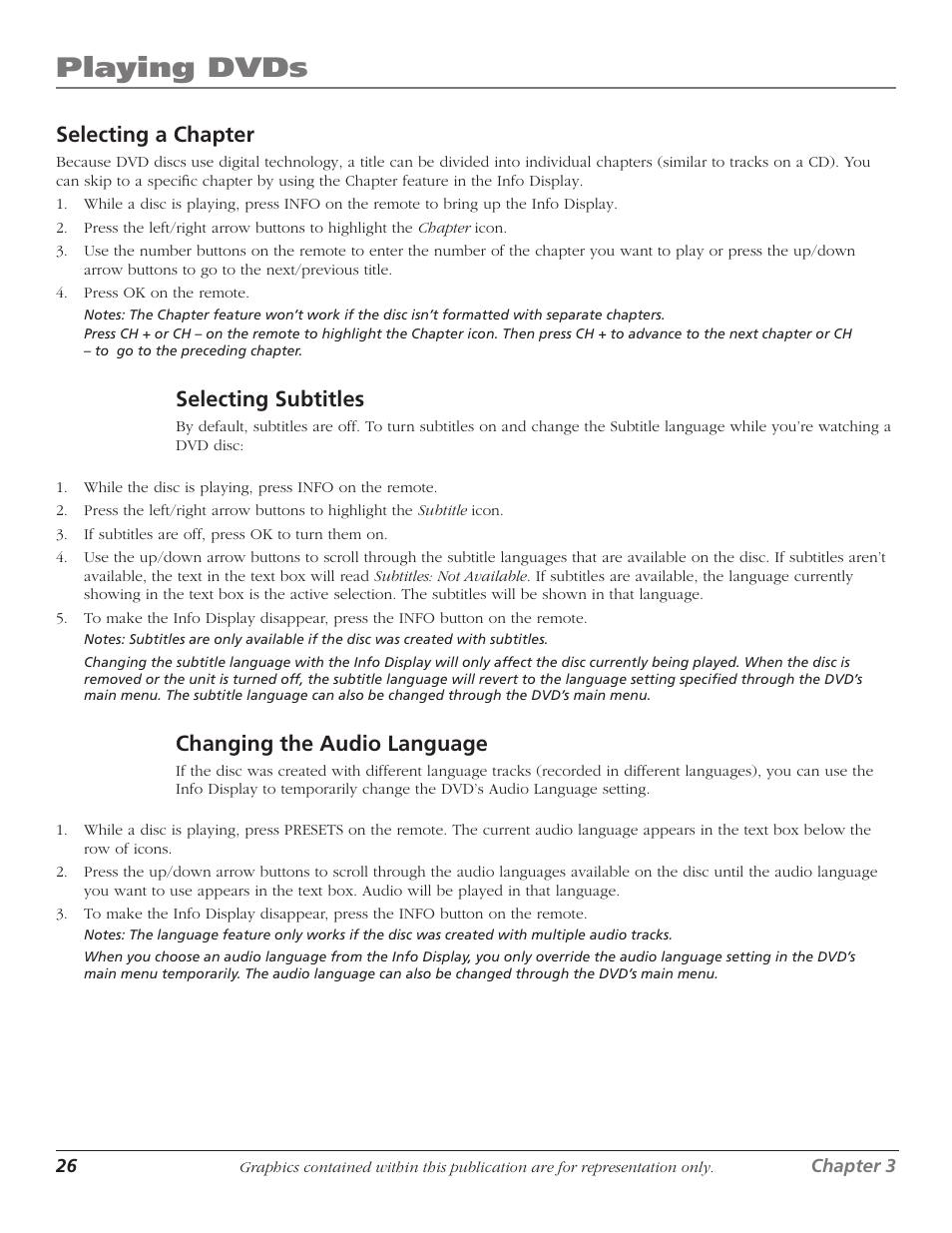 Playing dvds, Selecting subtitles, Changing the audio language | Selecting a chapter | RCA HDTVMonitor/DVD User Manual | Page 28 / 64