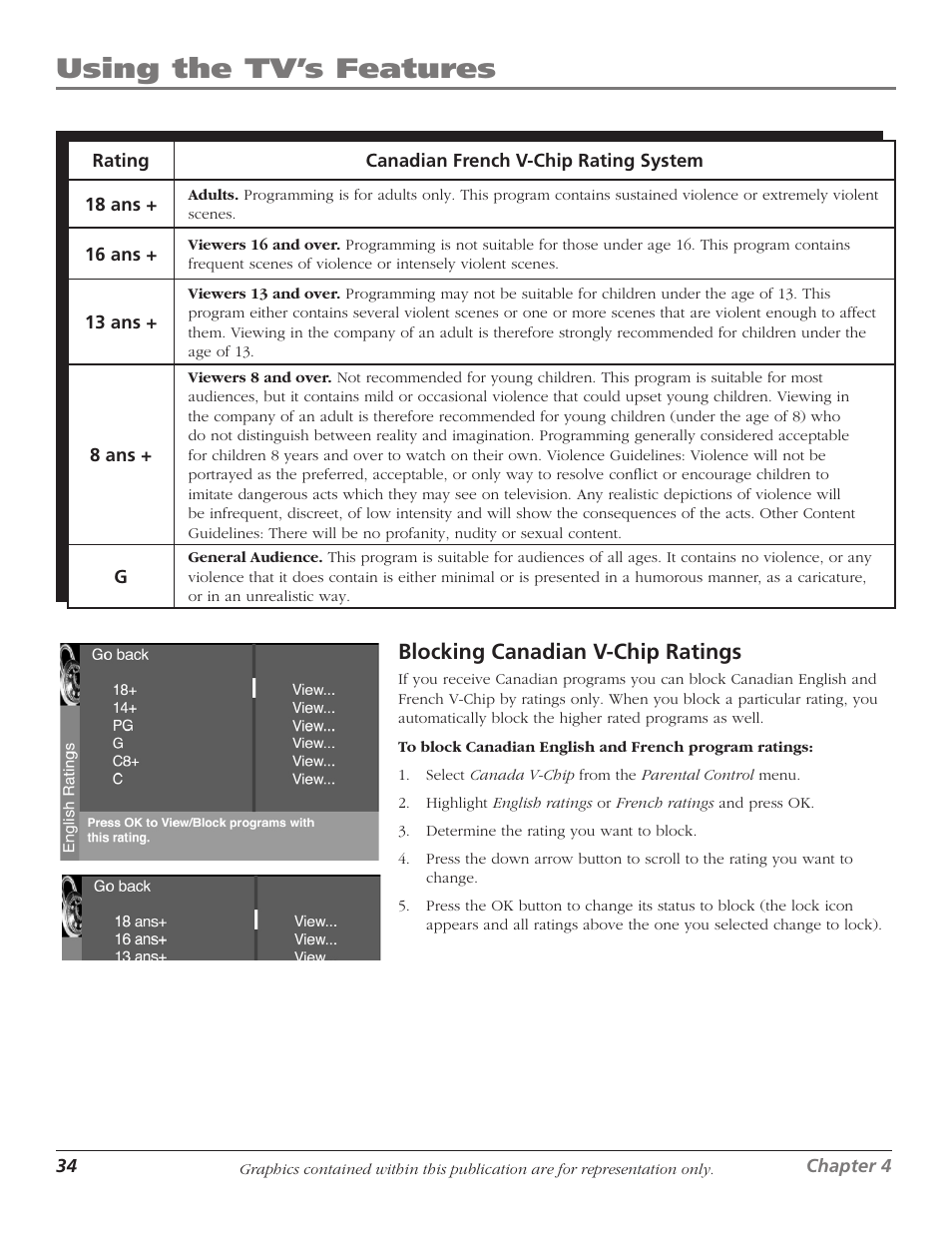 Using the tv’s features, Blocking canadian v-chip ratings | RCA HDTVMonitor/DVD User Manual | Page 36 / 64