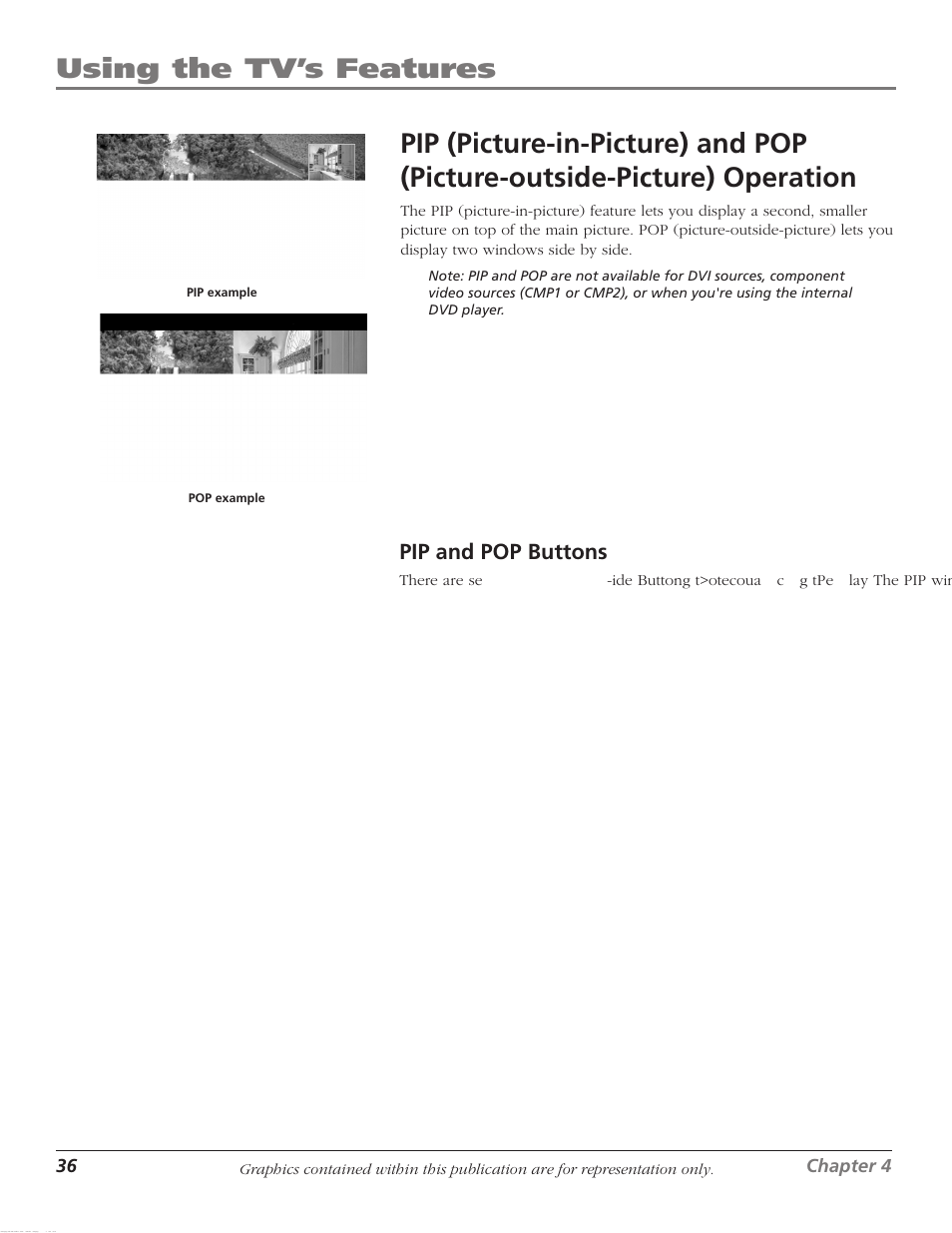 Using the tv’s features, Pip and pop buttons | RCA HDTVMonitor/DVD User Manual | Page 38 / 64