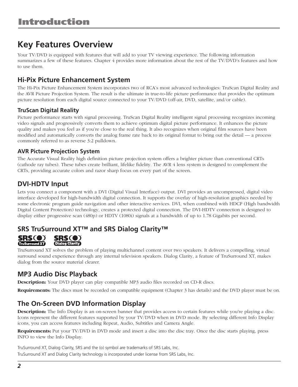 Key features overview, Introduction key features overview | RCA HDTVMonitor/DVD User Manual | Page 4 / 64