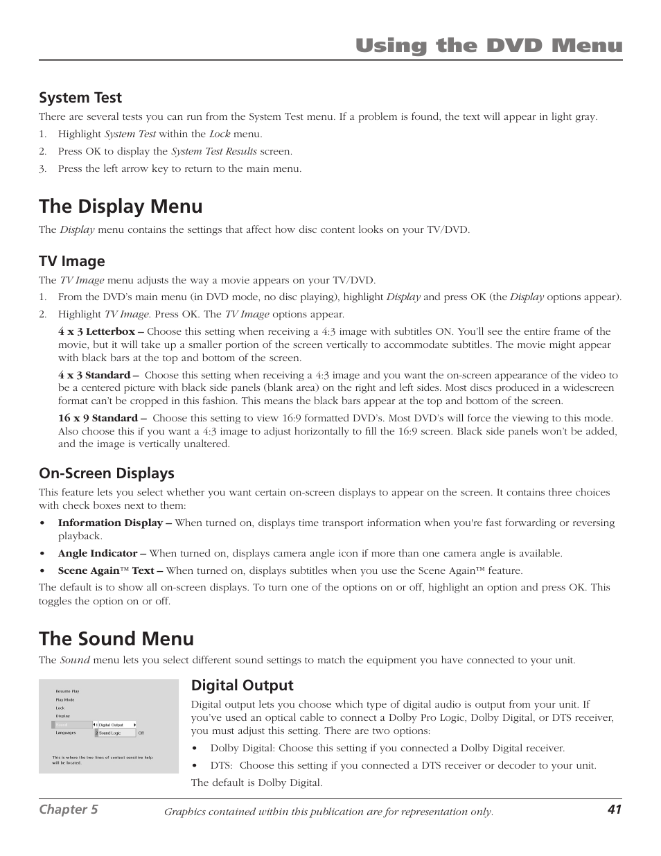 The display menu, The sound menu, 41 the sound menu | Using the dvd menu | RCA HDTVMonitor/DVD User Manual | Page 43 / 64
