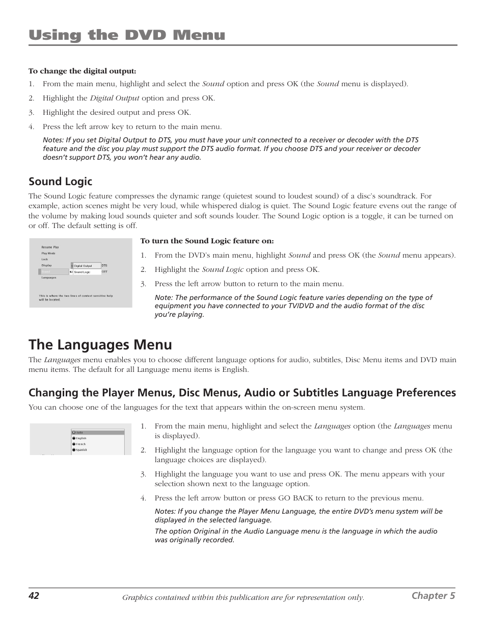 The languages menu, Using the dvd menu, Sound logic | RCA HDTVMonitor/DVD User Manual | Page 44 / 64