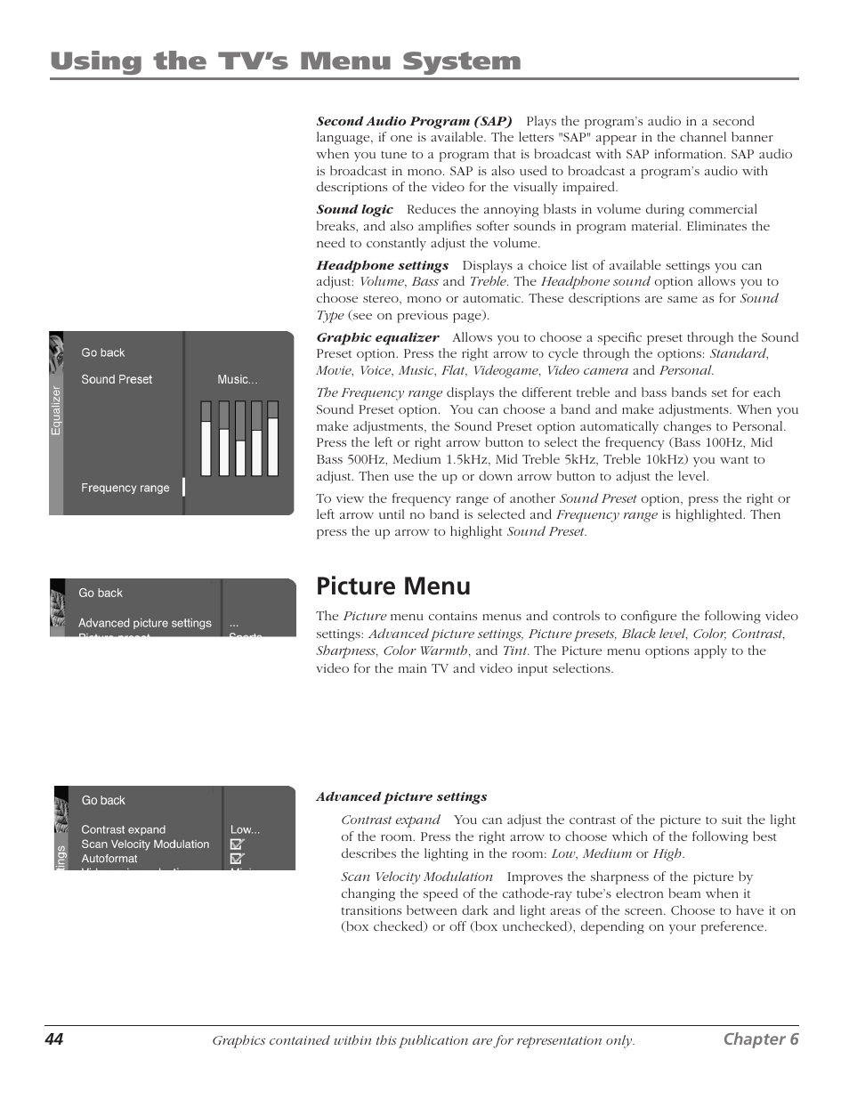 Picture menu, Using the tv’s menu system | RCA HDTVMonitor/DVD User Manual | Page 46 / 64