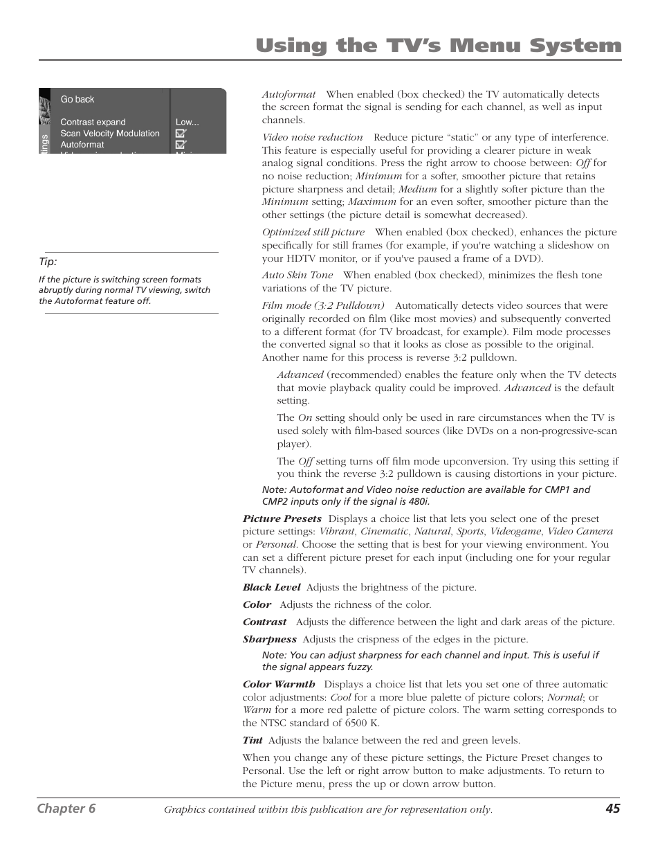 Using the tv’s menu system | RCA HDTVMonitor/DVD User Manual | Page 47 / 64