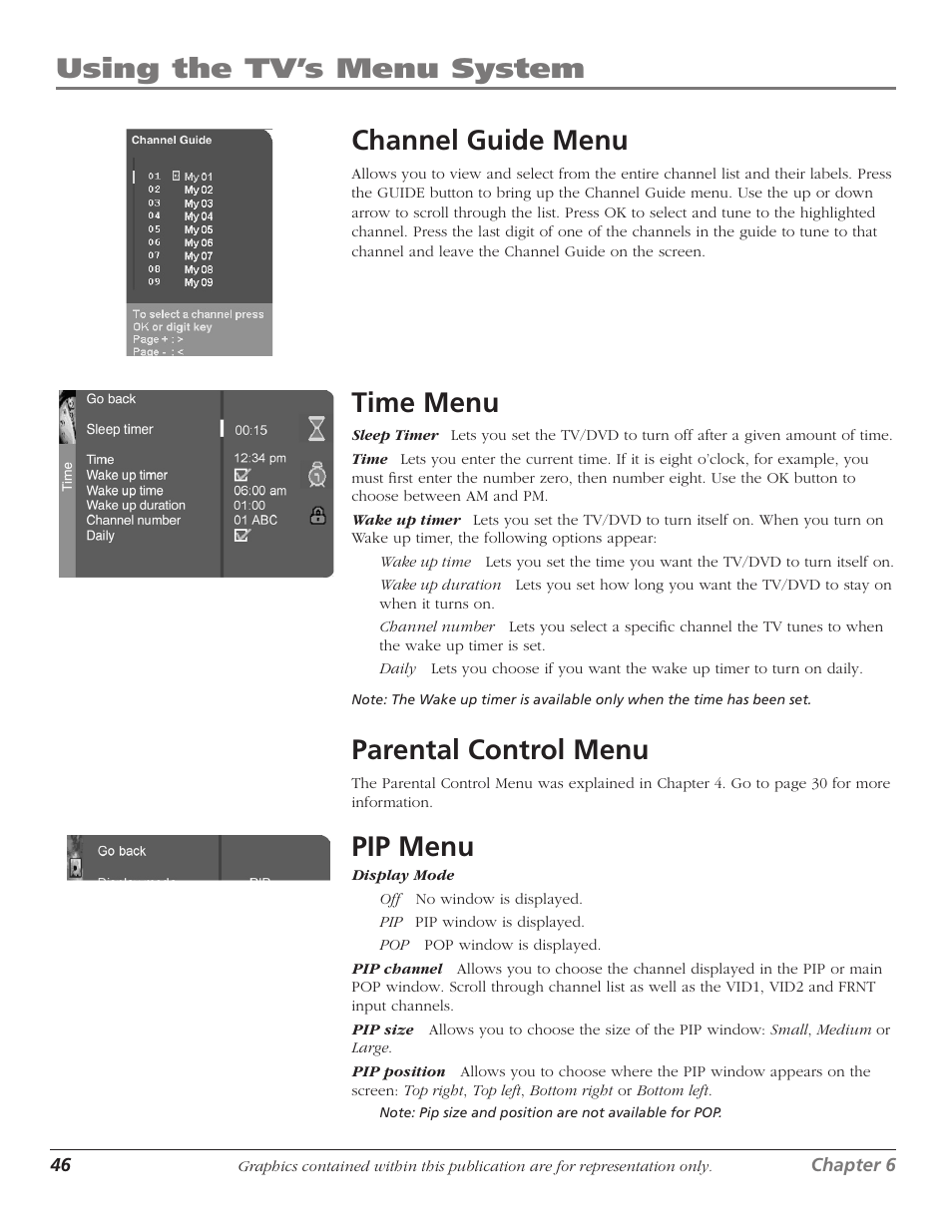 Channel guide menu, Time menu, Parental control menu | Pip menu, 46 time menu, 46 parental control menu, 46 pip menu, Using the tv’s menu system, Using the tv’s menu system channel guide menu | RCA HDTVMonitor/DVD User Manual | Page 48 / 64