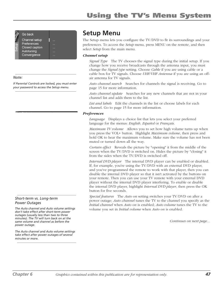 Setup menu, Using the tv’s menu system, Using the tv’s menu system setup menu | RCA HDTVMonitor/DVD User Manual | Page 49 / 64