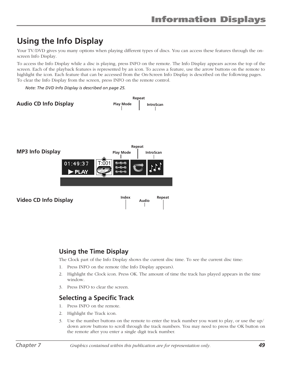 Using the info display, Using the time display, Selecting a specific track | 49 selecting a specific track, Information displays using the info display | RCA HDTVMonitor/DVD User Manual | Page 51 / 64