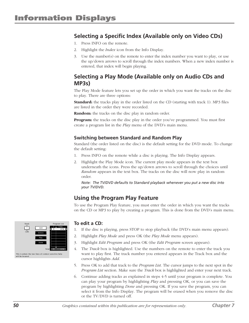 Using the program play feature, Selecting a specific index, 50 selecting a play mode | 50 using the program play feature, Information displays | RCA HDTVMonitor/DVD User Manual | Page 52 / 64