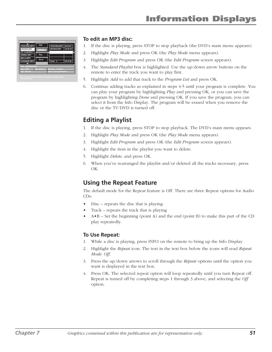 Editing a playlist, Using the repeat feature, 51 using the repeat feature | Information displays, 50 chapter 7, Chapter 7 51 | RCA HDTVMonitor/DVD User Manual | Page 53 / 64