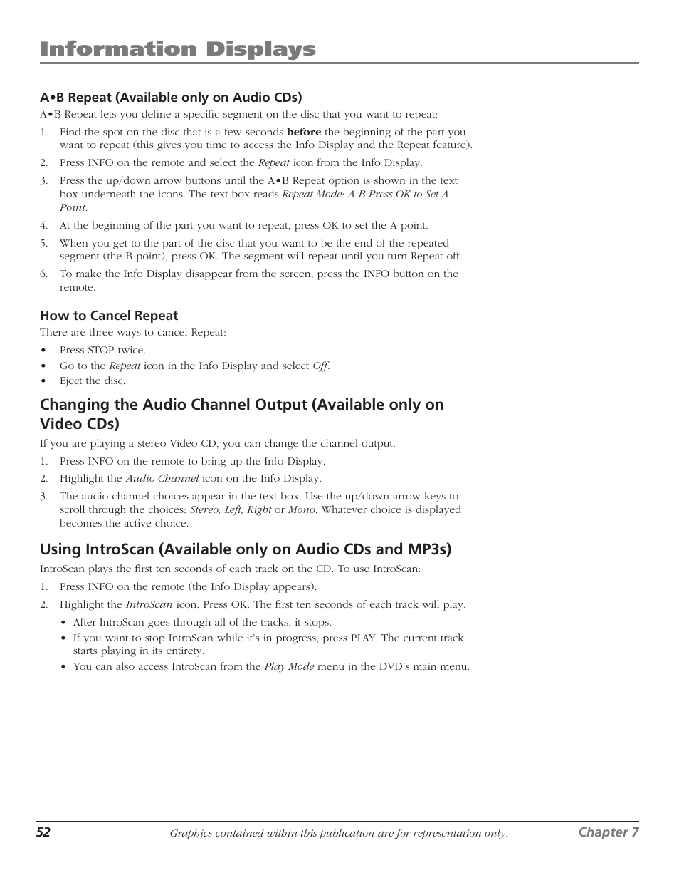 Changing the audio channel output, 52 using introscan, Information displays | RCA HDTVMonitor/DVD User Manual | Page 54 / 64