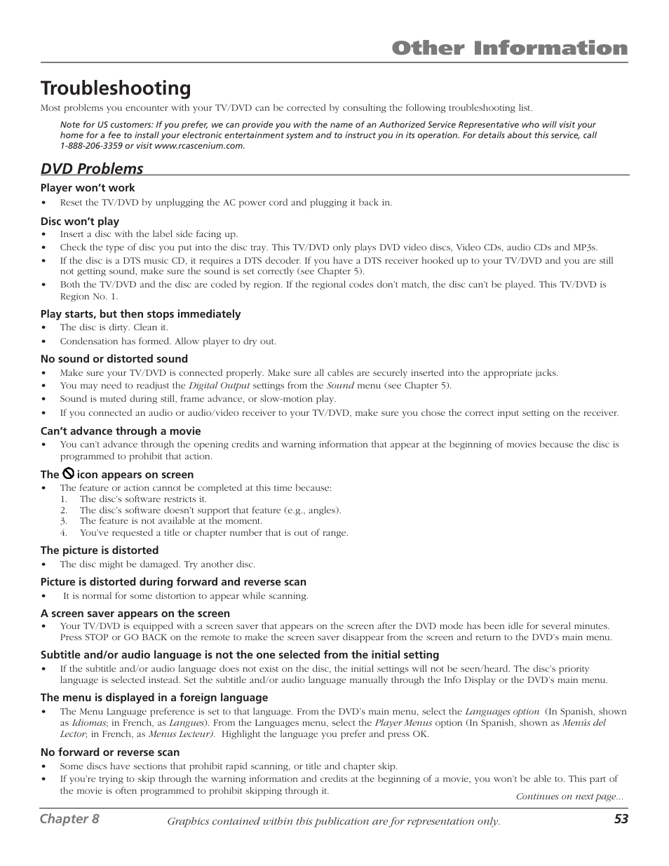 Troubleshooting, Chapter 8: other information, Other information | Dvd problems | RCA HDTVMonitor/DVD User Manual | Page 55 / 64