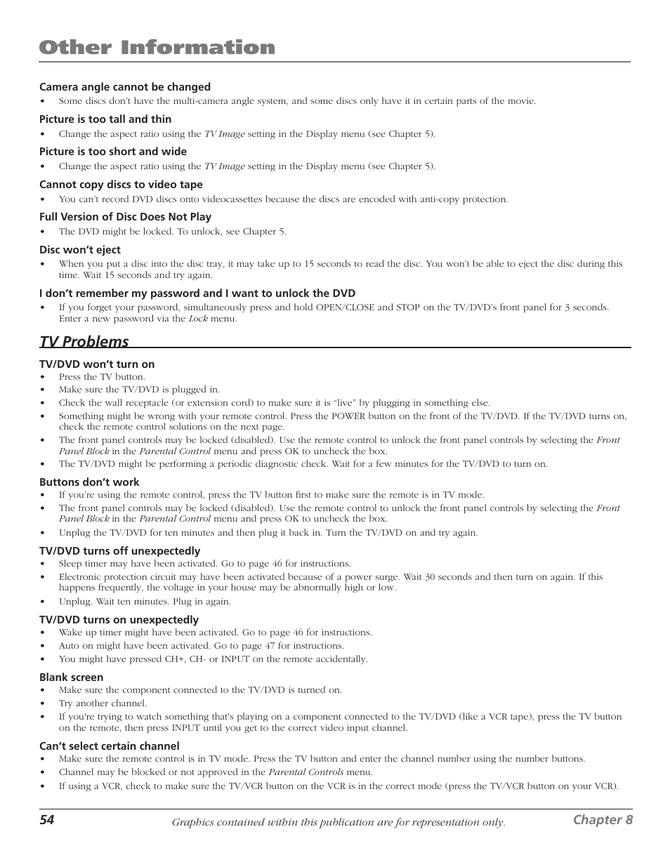 Other information, Tv problems | RCA HDTVMonitor/DVD User Manual | Page 56 / 64